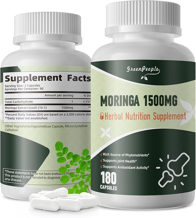 Moringa Pure Capsules, Rich Moringa Powder, A Natural Green Antioxidant Superfood - Supports Energy, Skin Health, Gut Health, with Essential Vitamins & Amino Acids, 180pcs-2 Pack