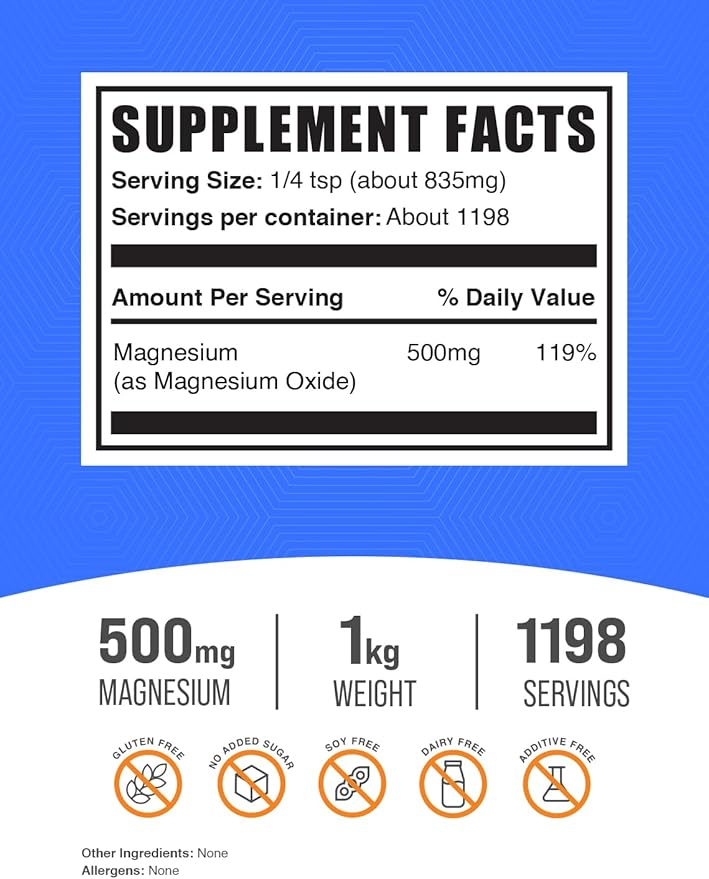 BulkSupplements.com Magnesium Oxide Powder - Magnesium Oxide Supplement, Magnesium Oxide 500mg - Gluten Free, 835mg (500mg of Magnesium) per Serving, 1kg (2.2 lbs) (Pack of 1)
