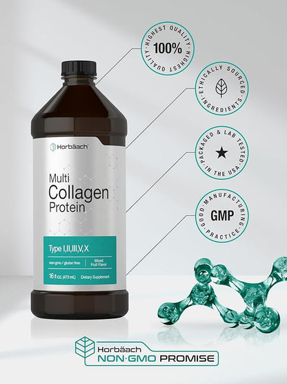 Horbaach Multi Collagen Protein 16 fl oz | Fruit Flavor | Liquid Collagen Peptides | Type I, II, III, V, X | Non-GMO, Gluten Free Supplement