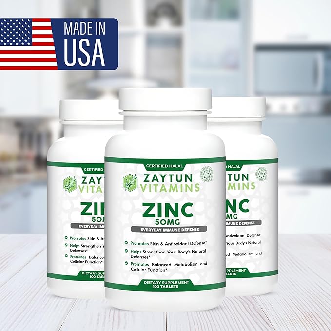 Zaytun Halal Zinc 50 mg Supports Immune Health and Healthy Skin, Antioxidant, One Per Day, US Made, 100 Tablets