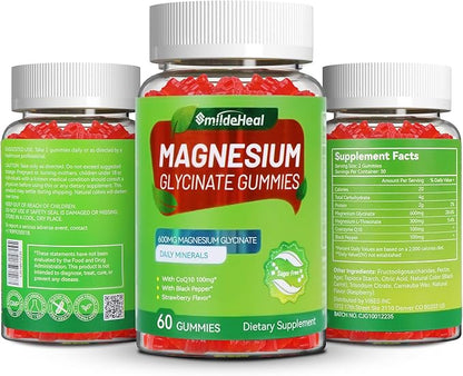 Magnesium Glycinate Gummies 600mg for Women & Men, with Magnesium L-Threonine 300mg, CoQ10 and Black Pepper, Vegan (60 Count)