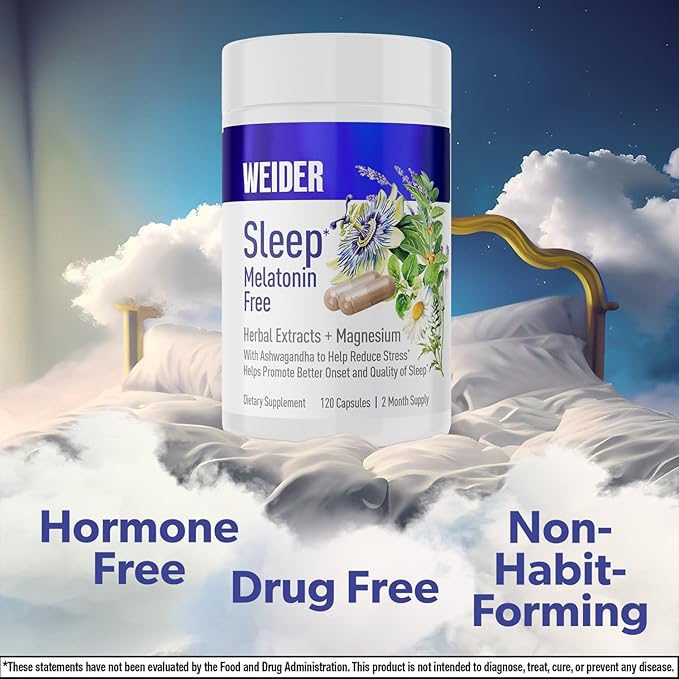 Weider Melatonin Free Sleep Aid Supplement with KSM-66 Ashwagandha, Magnesium, Lavender, Lemon Balm, Chamomile, Valerian and Passionflower Extracts, Hormone & Drug- Free, Non-Habit Forming, 120ct