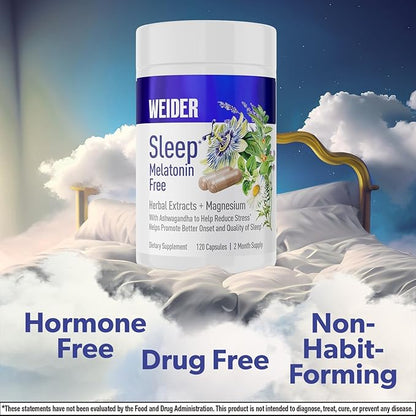 Weider Melatonin Free Sleep Aid Supplement with KSM-66 Ashwagandha, Magnesium, Lavender, Lemon Balm, Chamomile, Valerian and Passionflower Extracts, Hormone & Drug- Free, Non-Habit Forming, 120ct