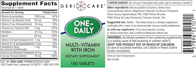 GeriCare One-Daily Multi-Vitamin with Iron Tablets,100 Count (Pack of 1)