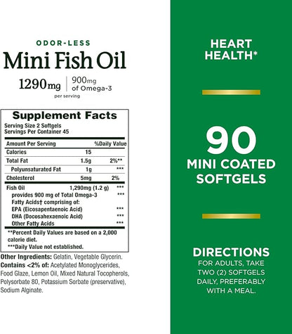 Nature's Bounty Mini Fish Oil Softgels, Burpless Fish Oil Omega 3 Supplements, Supports Heart Health, 90 Softgels (Pack of 1)