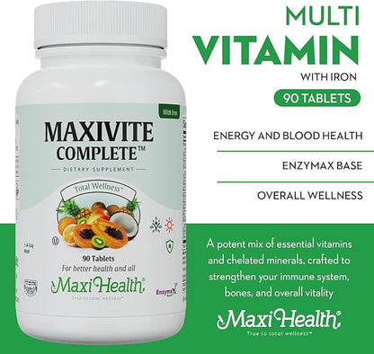 Maxi Health Complete Once Daily Vitamins for Men & Women - Multivitamin for Women & Men with Iron Vitamin A B1 B2 B3 B6 B12 C D3 E Zinc (90 Tablets)