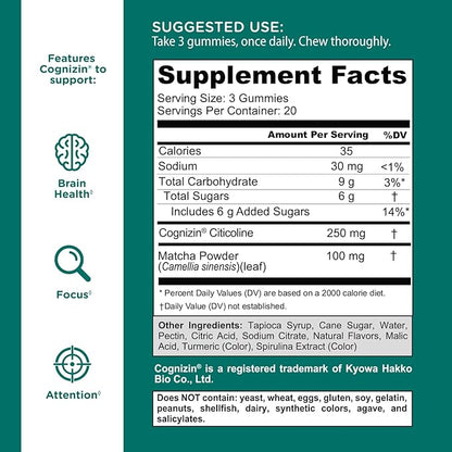 Goli Matcha Mind Gummies - 180 Count - Green Tea Leaves Powder with Cognizin for Focus, Attention and Brain Health, Vegan, Non-GMO, Gluten-Free & Gelatin Free.