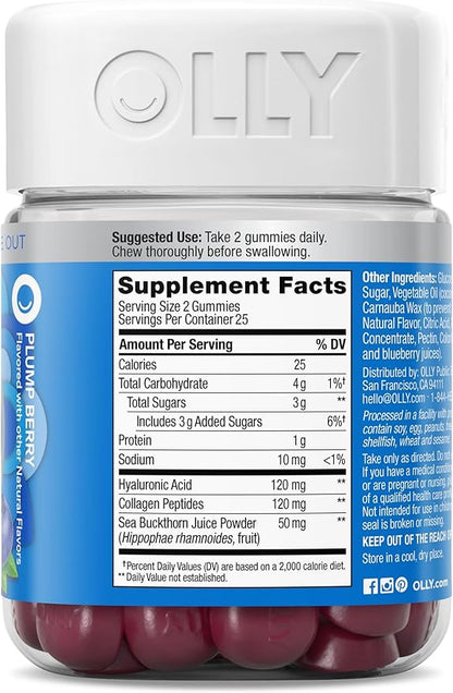 OLLY Glowing Skin Collagen Gummy, Hydrated, Youthful Skin, Hyaluronic Acid, Sea Buckthorn, Chewable Supplement, Berry, 25 Day Supply - 50 Count