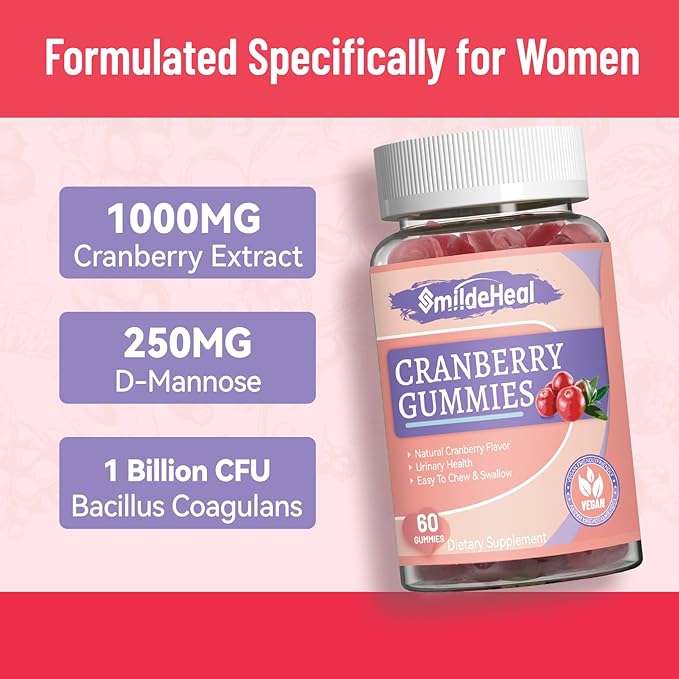 Cranberry Gummies 1000mg, Cranberry Supplements for Women, with D-Mannose 250mg, Womens Probiotic Gummies, Urinary Tract Health, Cranberry Flavor, NO GMOs, 60 Count