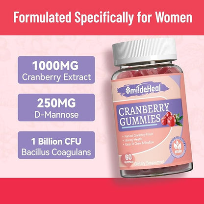Cranberry Gummies 1000mg, Cranberry Supplements for Women, with D-Mannose 250mg, Womens Probiotic Gummies, Urinary Tract Health, Cranberry Flavor, NO GMOs, 60 Count (Pack of 2)