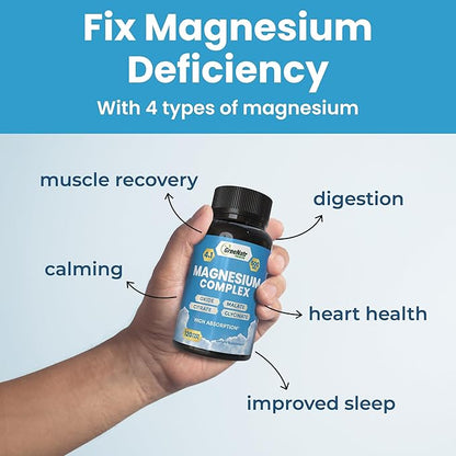 Magnesium Complex Supplement - Magnesium Supplements with Glycinate, Citrate, Malate & Oxide - Magnesium Tablets for Digestion, Sleep, Heart Health, & Energy - Magnesium Vitamins 120 Counts