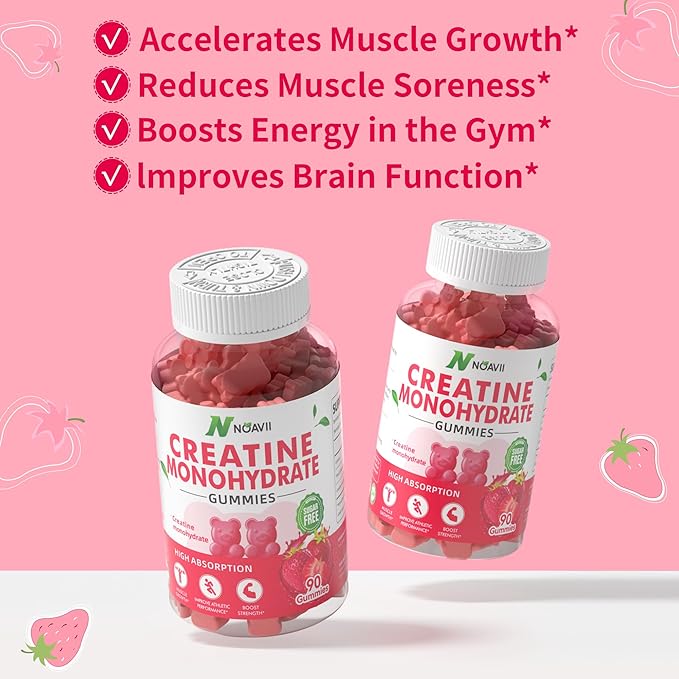 Creatine Monohydrate Gummies 5000mg for Men & Women, Chewables Creatine Monohydrate for Muscle Strength, Muscle Builder, Energy Boost, Pre-Workout Supplement-90 Strawberry Gummies
