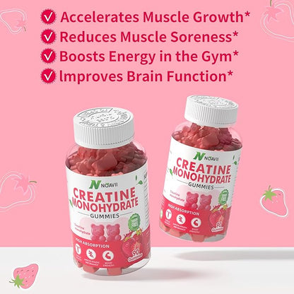 Creatine Monohydrate Gummies 5000mg for Men & Women, Chewables Creatine Monohydrate for Muscle Strength, Muscle Builder, Energy Boost, Pre-Workout Supplement-90 Strawberry Gummies