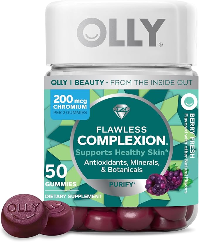 OLLY Flawless Complexion Gummy, Clear and Healthy Skin Support, Vitamins E, A, Zinc, Chewable Supplement, Berry - 50 Count (Pack of 1)