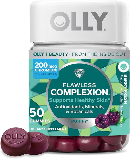 OLLY Flawless Complexion Gummy, Clear and Healthy Skin Support, Vitamins E, A, Zinc, Chewable Supplement, Berry - 50 Count (Pack of 1)