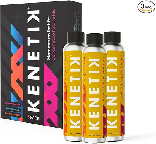 Kenetik Ketone Drink Mix, Exogenous Ketones Blend, Keto, Caffeine & Sugar Free, Vegan Nootropics Brain Supplement for Memory and Focus, D-BHB Ketones - Pineapple Passionfruit, 3PK (12 Servings)