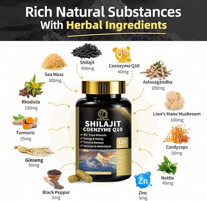 Shilajit Capsules with Sea Moss & Ashwagandha for Men & Women,12 in 1 Himalayan Shilajit Supplements with Coenzyme Q10, Fulvic Acid & Humic Acid, Lion's Mane, Energy & Immune, 120 Count, 2 Pack