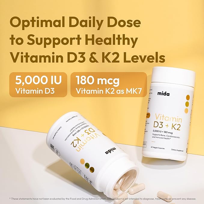 D3 K2 Vitamin 5,000 IU (125 mcg) + MK-7 (180 mcg) Natural Supplement | Bone, Heart, & Immune Support | Enhances Calcium Absorption | Women & Men | Vegan | 60 Servings