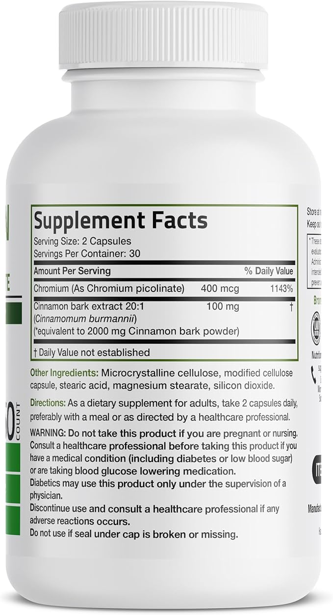Bronson Cinnamon Plus Chromium Picolinate Supplement, High Potency Chromium, Non-GMO, 60 Vegetarian Capsules