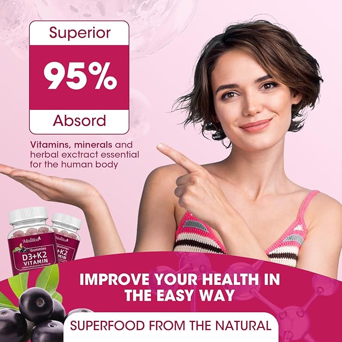 Vitamin D3 10000 IU + K2 (MK7) 200mcg w/Calcium Magnesium Zinc Elderberry & Inulin-Highly Bioavailable-Enhanced Absorption for Immune & Bone Support- K2 D3 Vitamin Supplement-Vegan Gummies