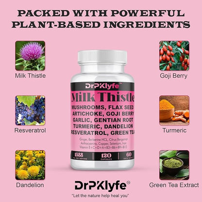 Milk Thistle Capsules for Liver Detox & Cleanse Support – with Dandelion Root, Resveratrol, Artichoke, Moringa, Silymarin – 120 Capsules (60-Day Supply)