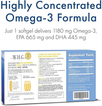 WHC, UnoCardio 1000 Fish Oil, 1300 mg of Pure Triglyceride Fish Oil with Omega-3 (1180 mg), 665 mg EPA and 445 mg DHA and 25 mcg (1000 IU) Vitamin D3 per softgel, Natural Orange, 60 softgels