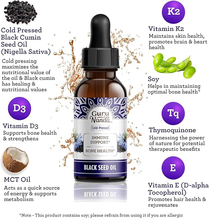 GuruNanda Black Seed Oil, Cold-Pressed Nigella Sativa - Rich in Vitamin D3 5000 Units, K2 & E, High Thymoquinone | Potent Antioxidant for Immune Support, Non-GMO, 2 Fl.oz