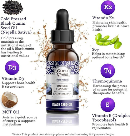 GuruNanda Black Seed Oil, Cold-Pressed Nigella Sativa - Rich in Vitamin D3 5000 Units, K2 & E, High Thymoquinone | Potent Antioxidant for Immune Support, Non-GMO, 2 Fl.oz