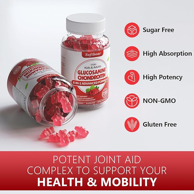 softbear Glucosamine Chondroitin Gummies Sugar Free, Extra Strength Glucosamine Chondroitin Supplement for Natural Joint Support, Raspberry Flavored 120 Count