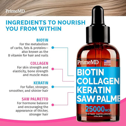 4-in-1 Liquid Biotin Collagen Keratin Saw Palmetto Drops (2 fl oz - 2 Pack) & 6-in-1 Maca Root Ashwagandha w Black Pepper Fruit (120ct) Bundle - Hair, Skin, Nails, Energy & Mood Support Supplement