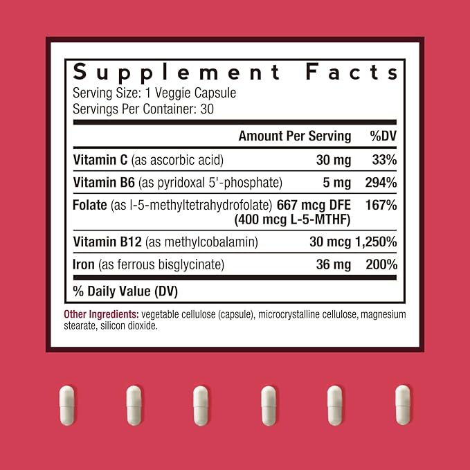 Doctor's Recipes Iron Supplement for Women Men - Gentle Iron Bisglycinate with Vitamin C, B6, Folate & B12 - Non-Constipating & Stomach Friendly Iron Pills for Blood & Energy Support, 30 Vegan Caps