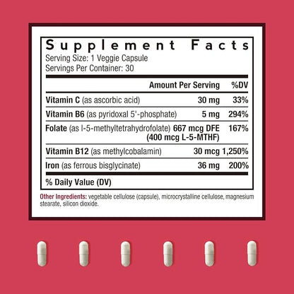 Doctor's Recipes Iron Supplement for Women Men - Gentle Iron Bisglycinate with Vitamin C, B6, Folate & B12 - Non-Constipating & Stomach Friendly Iron Pills for Blood & Energy Support, 30 Vegan Caps