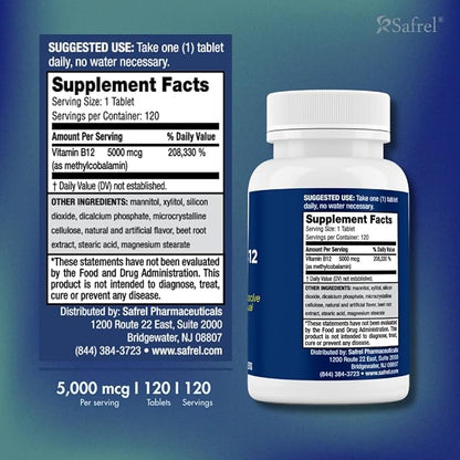 Safrel Vitamin B12 5000 mcg Methylcobalamin, 120 Fast Dissolve Tablets, Easy to Take Sublingual B12 Cherry Flavor, 120 Day Supply