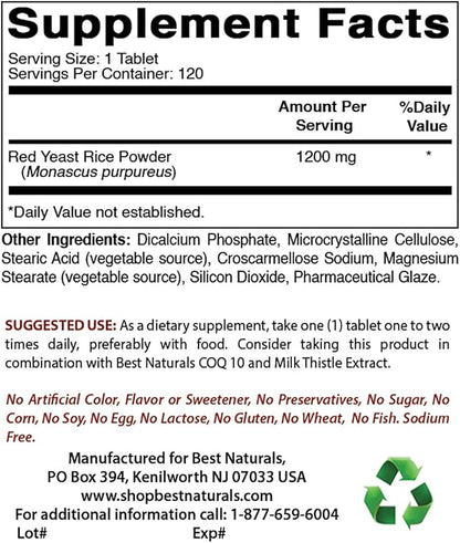 Best Naturals Red Yeast Rice Cholesterol Support 1200 mg & COQ10 100 mg