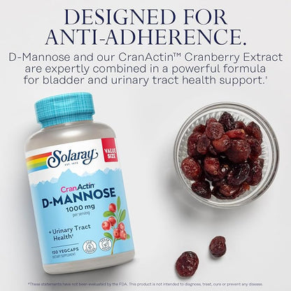 Solaray D-Mannose 1000mg with CranActin Cranberry Supplement 400mg, Urinary Tract Health & Bladder Support Capsules with Vitamin C, Vegan, 60 Day Guarantee, 75 Servings, 150 VegCaps
