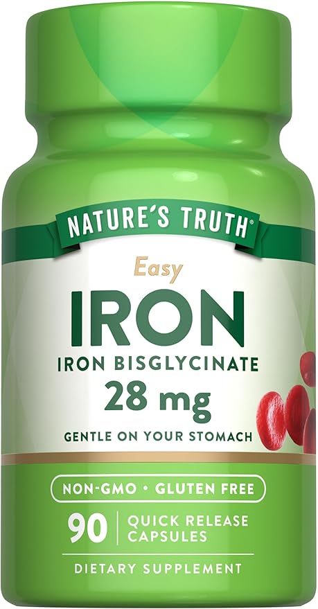 Nature's Truth Easy Iron Supplement 28 mg | 90 Capsules | Iron Bisglycinate | Non-GMO, Gluten Free
