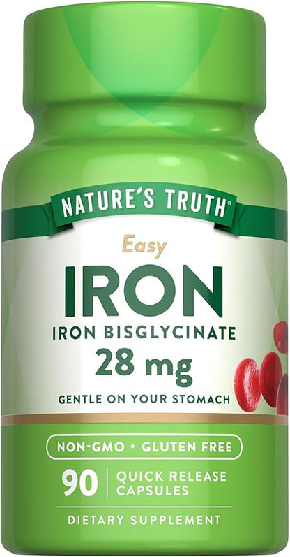 Nature's Truth Easy Iron Supplement 28 mg | 90 Capsules | Iron Bisglycinate | Non-GMO, Gluten Free