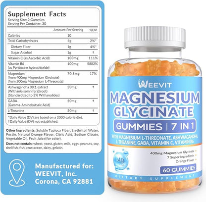 Sugar-Free Magnesium Glycinate Gummies 400mg with Magnesium L-Threonate 200mg, Magnesium Gummies for Women and Men with Ashwagandha, L-Theanine, GABA, Vitamin C, B6