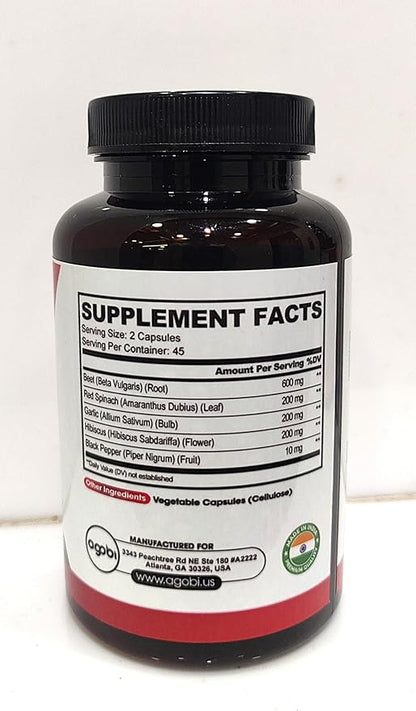 agobi 5in1 Beet Root Capsules - Added with Red Spinach, Organic Garlic Bulb, Hibiscus & Black Pepper - Support for Energy Production, Immune System & Digestive Health - 90 Vegan Capsules