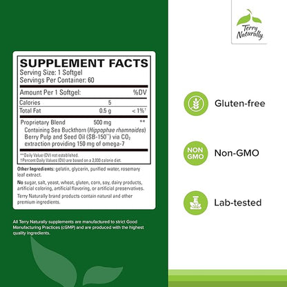 Terry Naturally Omega-7 Dry Eye Relief - Eye Health Supplement with Buckthorn Seed Oil - Dietary Supplement to Aid Dry Eye Relief - 60 Softgels