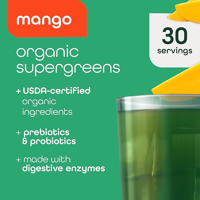 Organic Super Greens Powder, 70+ Superfoods, 0 Sugar, 3G Fiber, Spirulina, Chlorella, Antioxidants, Prebiotics/Probiotics, Digestive Enzymes, Mango, 30 Servings