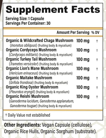 Seven Wonders - Organic Mushroom Supplement - Cordyceps, Reishi, Lion's Mane, Chaga, Turkey Tail, Maitake, King Oyster - 30 Vegan Capsules