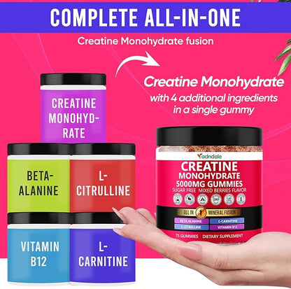 Creatine Monohydrate Gummies for Men & Women – 5000mg per Serving Creatine Supplement with Beta-Alanine, L-Citrulline & B12 – Supports Strength, Energy, and Recovery – 75 Vegan Gummies. Sugar-Free