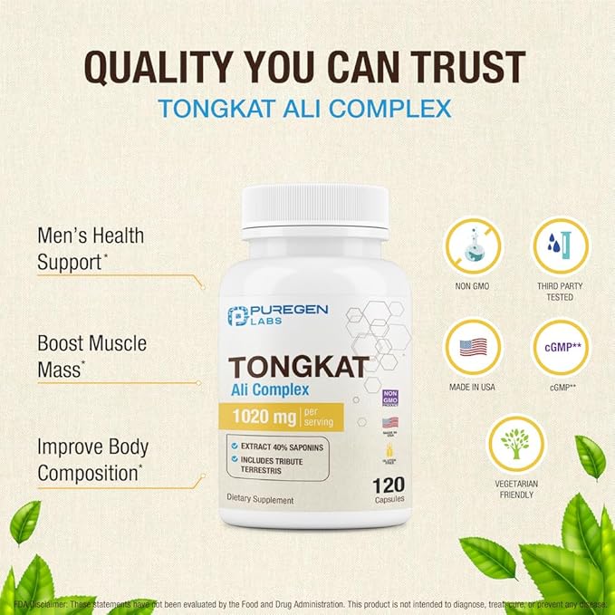 Puregen Labs Tongkat Ali Extract 200 to 1 for Men, 1020mg per Serving, [High Potency] Total 240 Capsules - Men's Health Support with 20mg Tribulus Terrestris | Non-GMO, Gluten Free, Made in USA