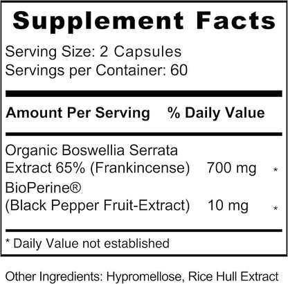 Jiva Botanicals Boswellia Extract Capsules 700mg per Serving - Boswellia Serrata Extract Supplement & Black Pepper - Joint Support Supplement for Normal Joint Health - Made in The USA - 120 Capsules