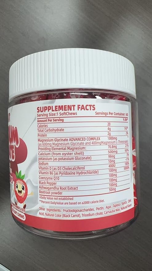 Magnesium Glycinate Soft Chews, Strawberry Flavor.Chewable Sugar Free Potassium Magnesium Chews with Magnesium Glycinate, Vitamin D, B6, and CoQ10 for Calm Support & Sleep for Adults, 60 Days Supply