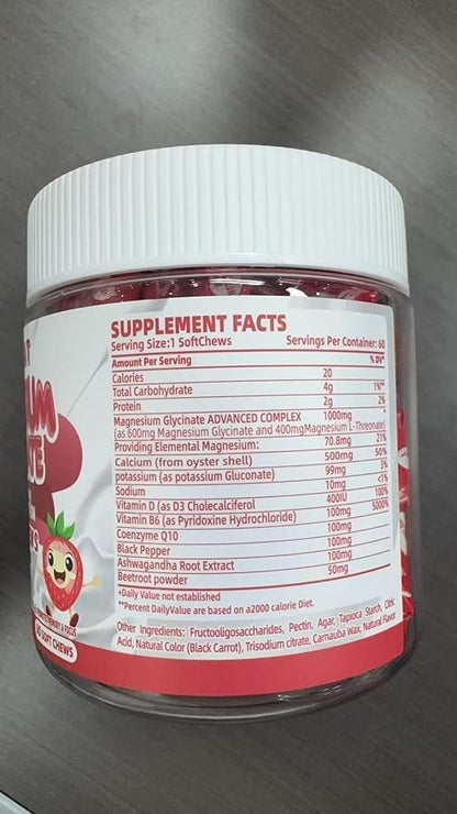 Magnesium Glycinate Soft Chews, Strawberry Flavor.Chewable Sugar Free Potassium Magnesium Chews with Magnesium Glycinate, Vitamin D, B6, and CoQ10 for Calm Support & Sleep for Adults, 60 Days Supply