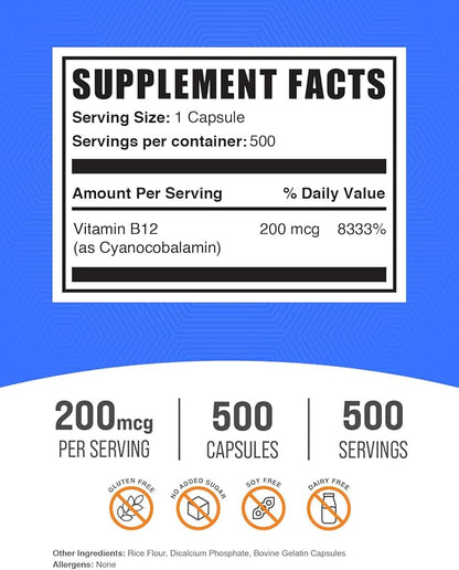 BulkSupplements.com Vitamin B12 Capsules - as Cyanocobalamin, Vitamin B Supplement, Vitamin B12 200 mcg - Energy Vitamins, Gluten Free, 1 Capsule per Serving, 500 Capsules (Pack of 1)