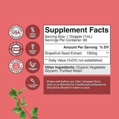 GSE Grapefruit Seed Extract Liquid - One Drop Daily - Super Concentrated Grape Seed Extract Liquid Drops Rich in Bioflavonoids & Polyphenols for Gut Health & Immune Support - 2OZ - 60 Servings
