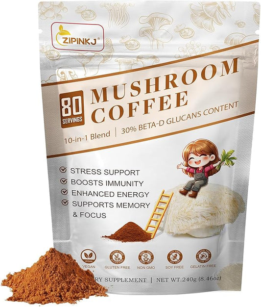 Mushroom Coffee Powder Organic (80 Servings) Instant Coffee Natural Ingredients - Lion's Mane, Cordyceps, Reishi, Chaga Mushrooms Powder Supplement Better Focus and Immunity, Gut Digestion
